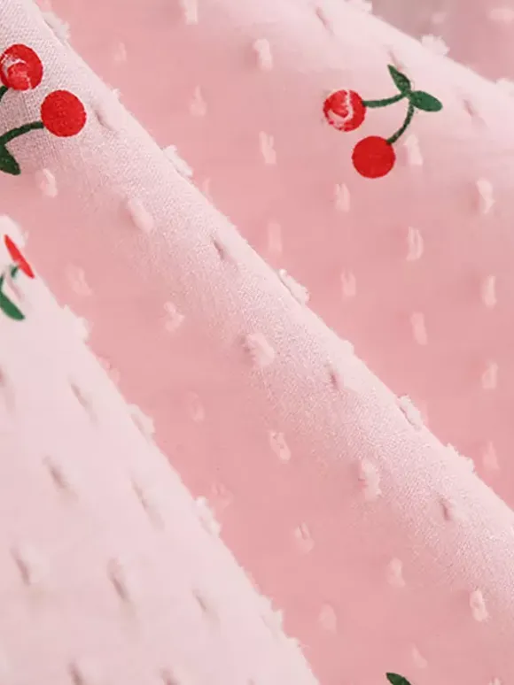 Pink Cherry Print Halter A Line Midi Dress For Women Sweet Summer
