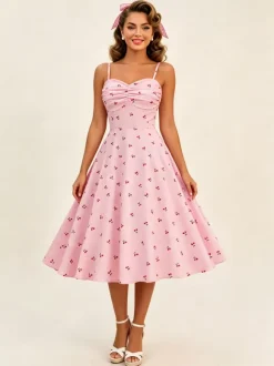Pink Cherry Print Halter A Line Midi Dress For Women Sweet Summer