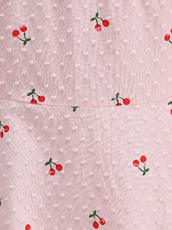 Pink Cherry Print Halter A Line Midi Dress For Women Sweet Summer