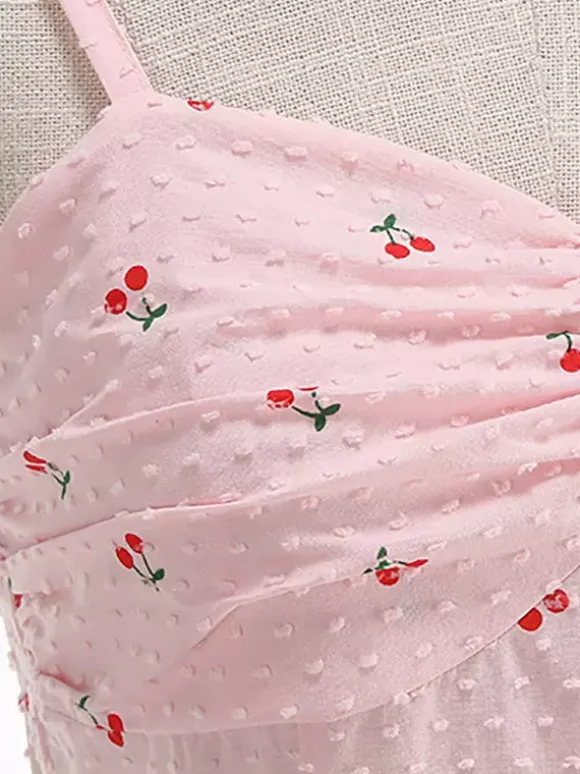 Pink Cherry Print Halter A Line Midi Dress For Women Sweet Summer