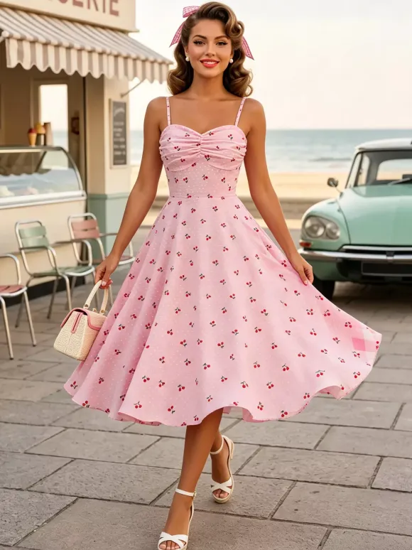 Pink Cherry Print Halter A Line Midi Dress For Women Sweet Summer