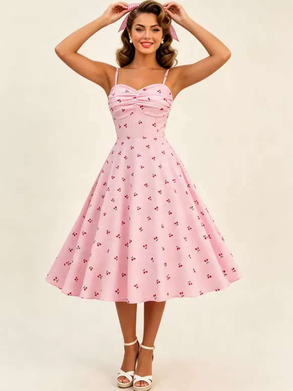 Pink Cherry Print Halter A Line Midi Dress For Women Sweet Summer