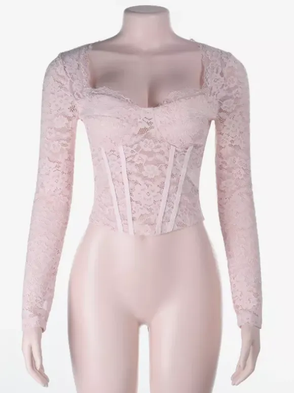 Pink Corset Style Lace Top For Women - Elegant Long Sleeve Sweetheart Bustier Blouse - Spring Night Out Clubwear 2026