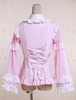 Pink Cotton Lolita Blouse Long Sleeves White Ruffles Trim Bow