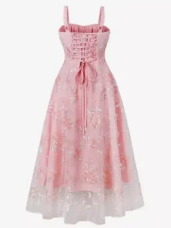 Pink Embroidered Retro Dress A-line 1950s Style Midi Swing Dress For Women 2026