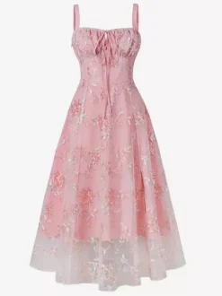 Pink Embroidered Retro Dress A-line 1950s Style Midi Swing Dress For Women 2026