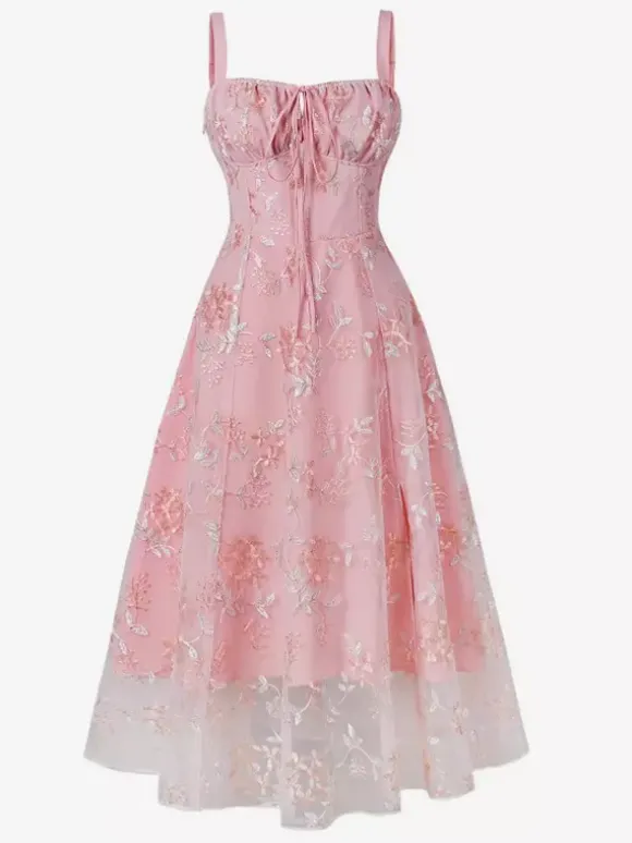 Pink Embroidered Retro Dress A-line 1950s Style Midi Swing Dress For Women 2026