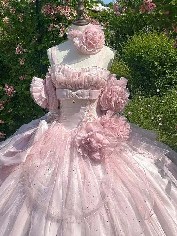 Pink Fairy Dress Sweet Lolita Spaghetti Flower Bow Floor Length Lolita Dress