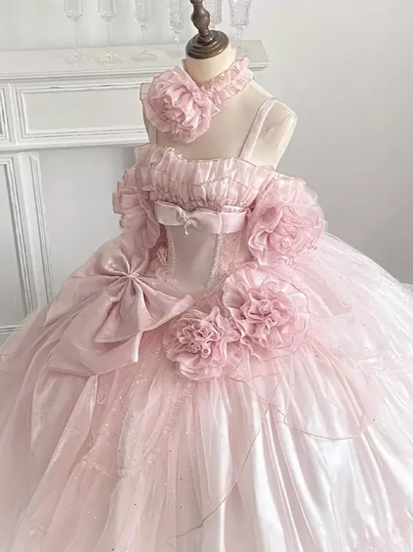 Pink Fairy Dress Sweet Lolita Spaghetti Flower Bow Floor Length Lolita Dress