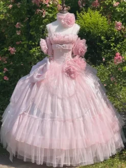 Pink Fairy Dress Sweet Lolita Spaghetti Flower Bow Floor Length Lolita Dress