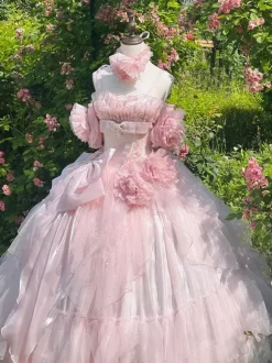 Pink Fairy Dress Sweet Lolita Spaghetti Flower Bow Floor Length Lolita Dress