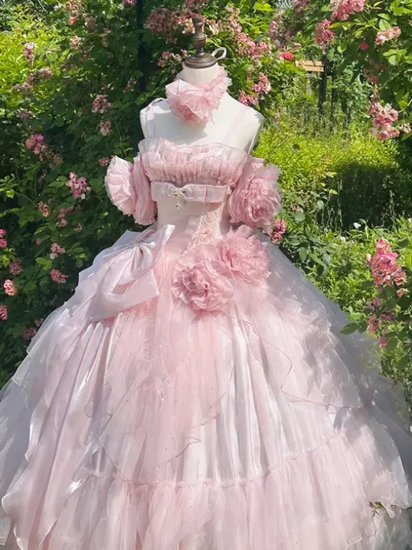 Pink Fairy Dress Sweet Lolita Spaghetti Flower Bow Floor Length Lolita Dress