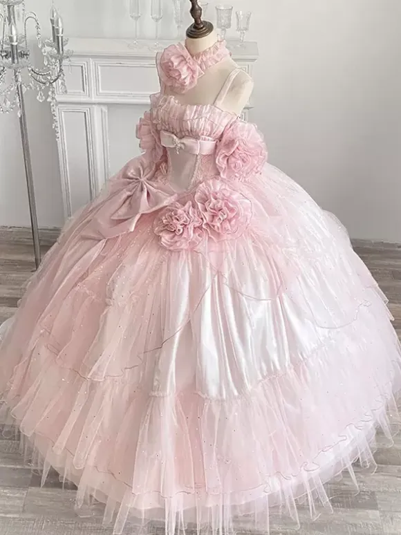 Pink Fairy Dress Sweet Lolita Spaghetti Flower Bow Floor Length Lolita Dress