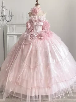 Pink Fairy Dress Sweet Lolita Spaghetti Flower Bow Floor Length Lolita Dress