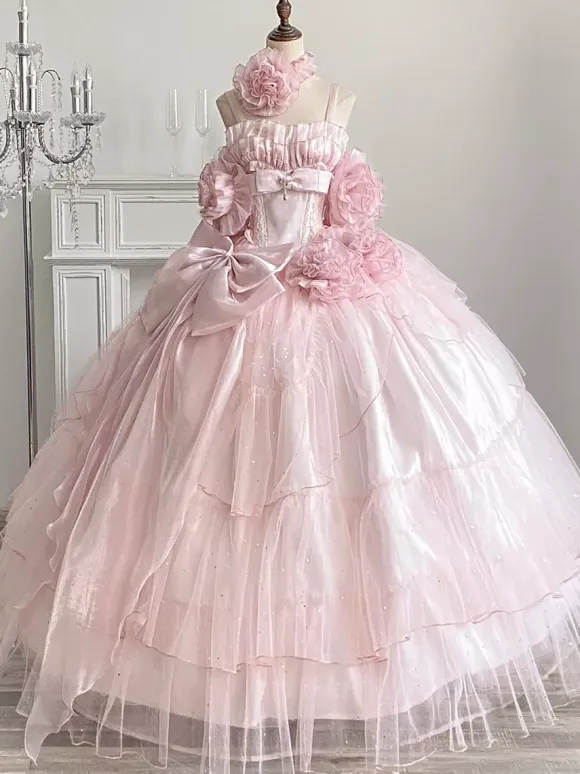 Pink Fairy Dress Sweet Lolita Spaghetti Flower Bow Floor Length Lolita Dress