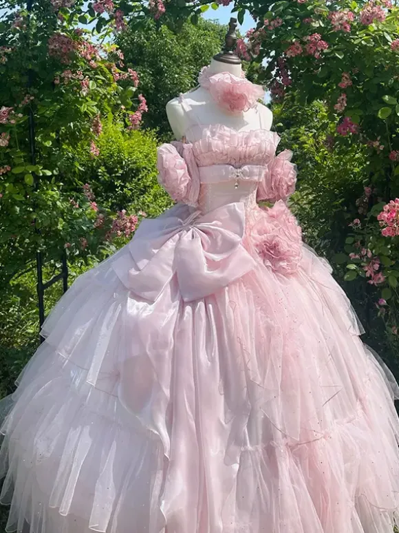 Pink Fairy Dress Sweet Lolita Spaghetti Flower Bow Floor Length Lolita Dress