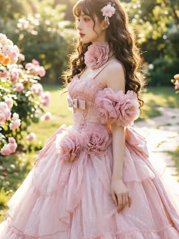Pink Fairy Lolita Dresses Flower Spaghetti Straps Tea Length Lolita Tea Party Dress