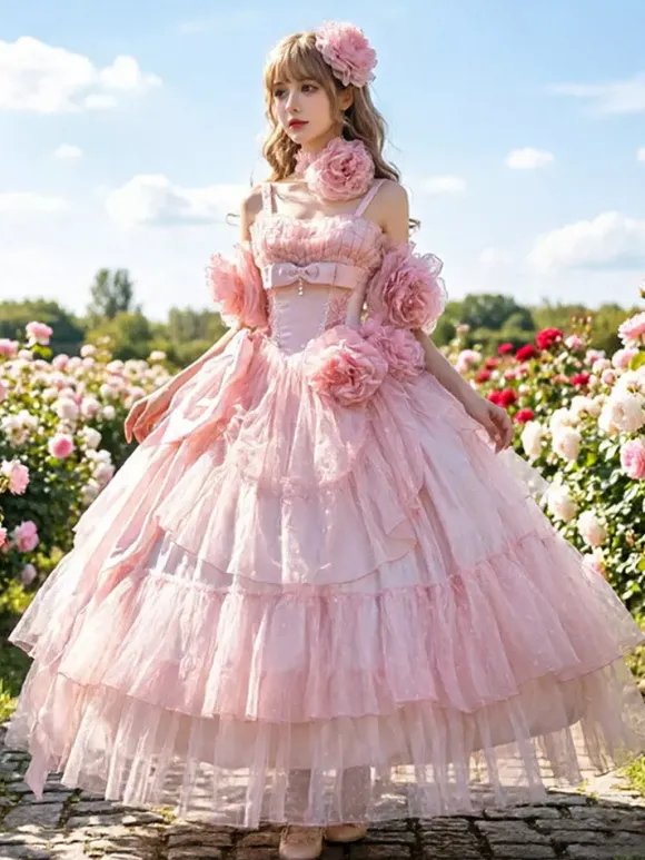 Pink Fairy Lolita Dresses Flower Spaghetti Straps Tea Length Lolita Tea Party Dress