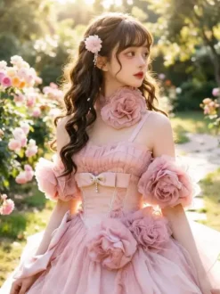 Pink Fairy Lolita Dresses Flower Spaghetti Straps Tea Length Lolita Tea Party Dress