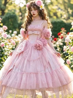 Pink Fairy Lolita Dresses Flower Spaghetti Straps Tea Length Lolita Tea Party Dress