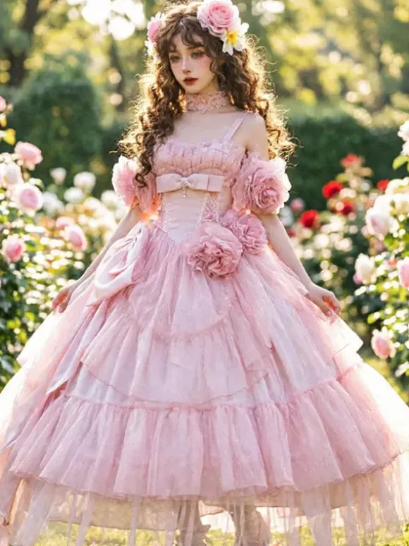 Pink Fairy Lolita Dresses Flower Spaghetti Straps Tea Length Lolita Tea Party Dress