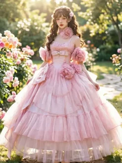 Pink Fairy Lolita Dresses Flower Spaghetti Straps Tea Length Lolita Tea Party Dress