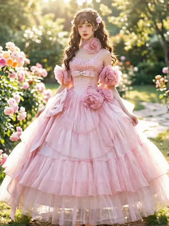 Pink Fairy Lolita Dresses Flower Spaghetti Straps Tea Length Lolita Tea Party Dress