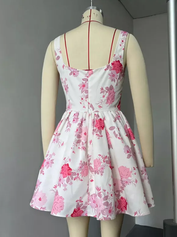 Pink Floral Print Sleeveless Mini Dress With Square Collar For Birthday Party 2026