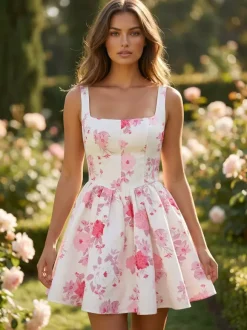 Pink Floral Print Sleeveless Mini Dress With Square Collar For Birthday Party 2026