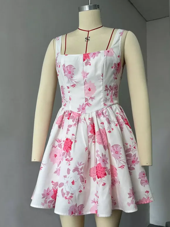 Pink Floral Print Sleeveless Mini Dress With Square Collar For Birthday Party 2026