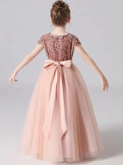 Pink Flower Girl Dresses Jewel Neck Tulle Short Sleeves Floor Length A Line Sash Kids Social Party Dresses