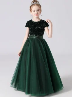 Pink Flower Girl Dresses Jewel Neck Tulle Short Sleeves Floor Length A Line Sash Kids Social Party Dresses