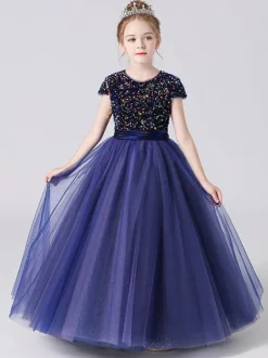 Pink Flower Girl Dresses Jewel Neck Tulle Short Sleeves Floor Length A Line Sash Kids Social Party Dresses