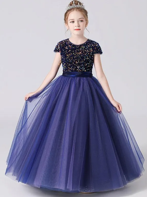 Pink Flower Girl Dresses Jewel Neck Tulle Short Sleeves Floor Length A Line Sash Kids Social Party Dresses