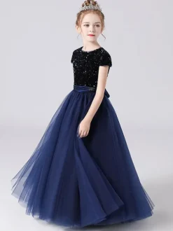 Pink Flower Girl Dresses Jewel Neck Tulle Short Sleeves Floor Length A Line Sash Kids Social Party Dresses