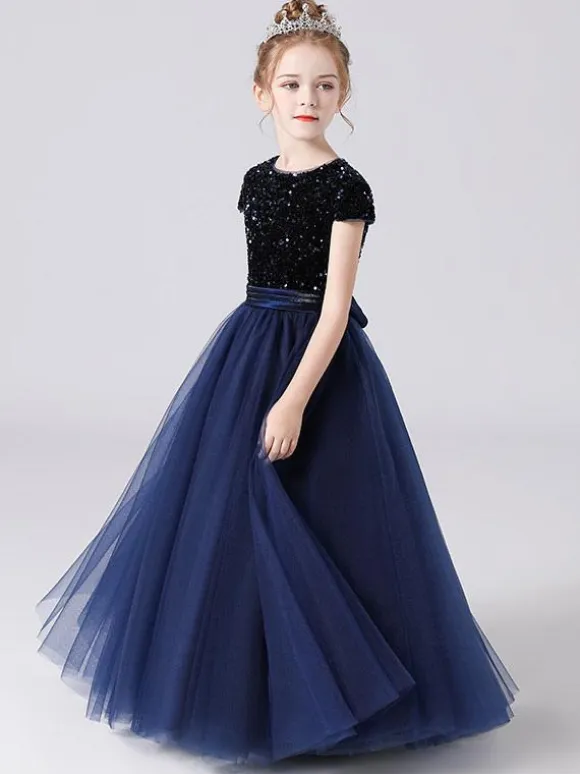 Pink Flower Girl Dresses Jewel Neck Tulle Short Sleeves Floor Length A Line Sash Kids Social Party Dresses