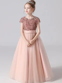 Pink Flower Girl Dresses Jewel Neck Tulle Short Sleeves Floor Length A Line Sash Kids Social Party Dresses