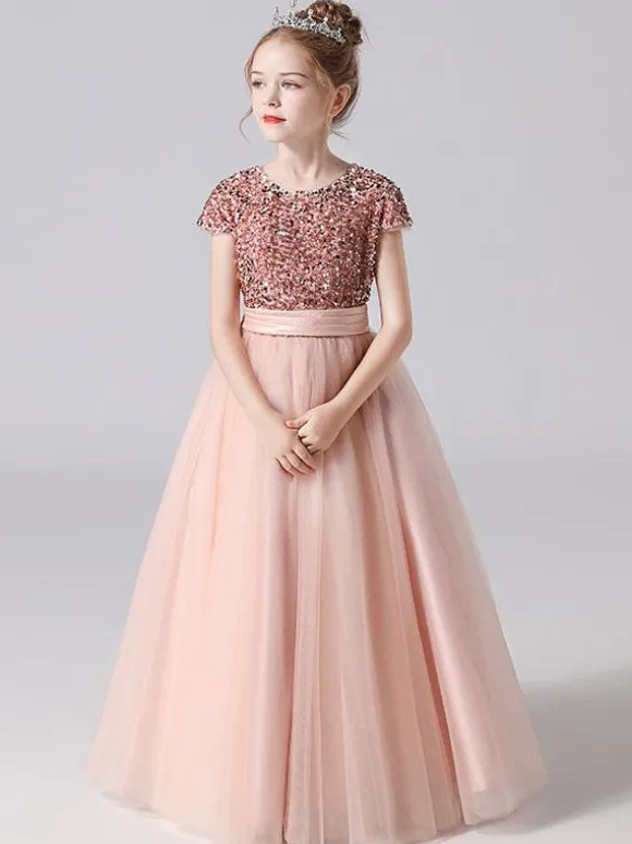Pink Flower Girl Dresses Jewel Neck Tulle Short Sleeves Floor Length A Line Sash Kids Social Party Dresses