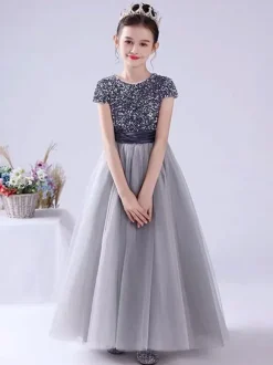 Pink Flower Girl Dresses Jewel Neck Tulle Short Sleeves Floor Length A Line Sash Kids Social Party Dresses