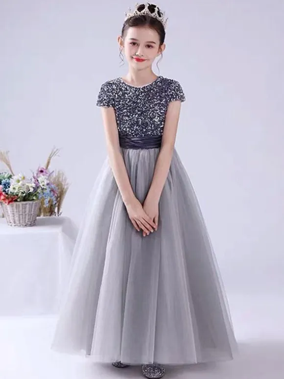 Pink Flower Girl Dresses Jewel Neck Tulle Short Sleeves Floor Length A Line Sash Kids Social Party Dresses