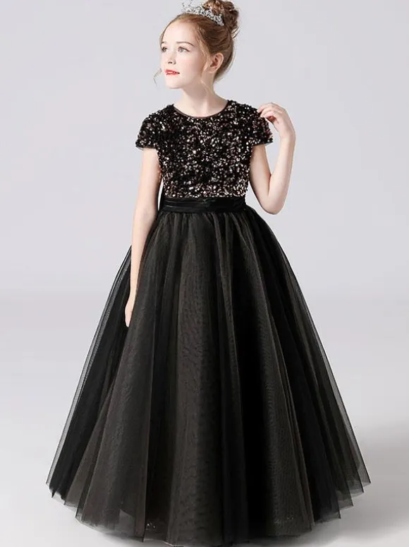 Pink Flower Girl Dresses Jewel Neck Tulle Short Sleeves Floor Length A Line Sash Kids Social Party Dresses