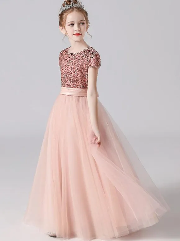 Pink Flower Girl Dresses Jewel Neck Tulle Short Sleeves Floor Length A Line Sash Kids Social Party Dresses