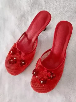 Pink High Heel Mules Mesh Round Toe Flowers Detail Bakcless Pumps