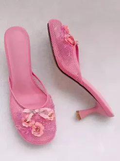 Pink High Heel Mules Mesh Round Toe Flowers Detail Bakcless Pumps