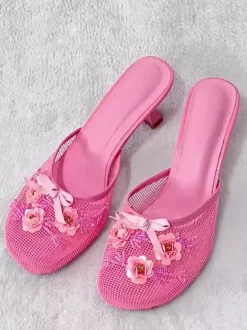 Pink High Heel Mules Mesh Round Toe Flowers Detail Bakcless Pumps