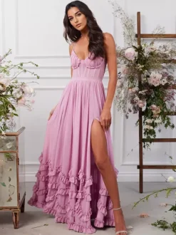 Pink Layered Ruffles Maxi Party Dress High Slit Strap Dress 2026