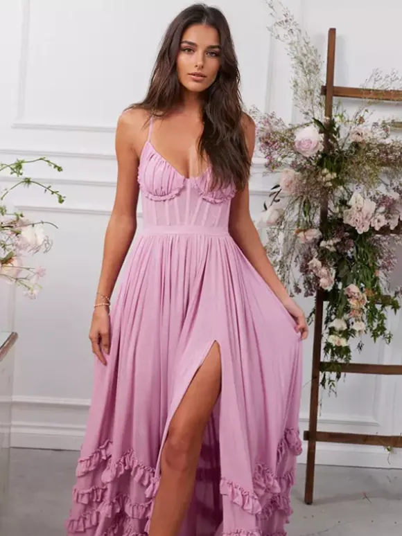 Pink Layered Ruffles Maxi Party Dress High Slit Strap Dress 2026