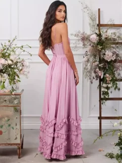 Pink Layered Ruffles Maxi Party Dress High Slit Strap Dress 2026