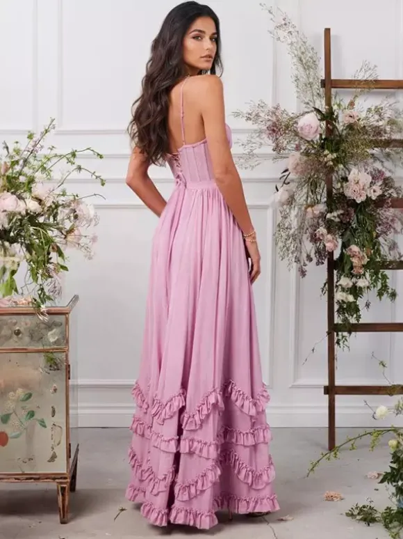 Pink Layered Ruffles Maxi Party Dress High Slit Strap Dress 2026
