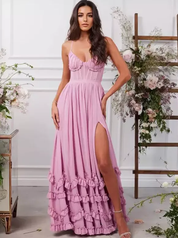 Pink Layered Ruffles Maxi Party Dress High Slit Strap Dress 2026